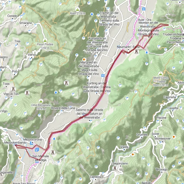 Kartminiatyr av "Gruskjøring rundt Mezzocorona" sykkelinspirasjon i Provincia Autonoma di Trento, Italy. Generert av Tarmacs.app sykkelrutoplanlegger