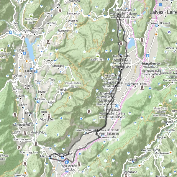 Miniatua del mapa de inspiración ciclista "Ruta de Carretera Cadino - Mezzocorona" en Provincia Autonoma di Trento, Italy. Generado por Tarmacs.app planificador de rutas ciclistas