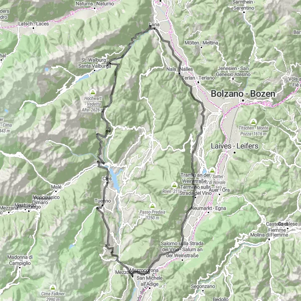 Miniatua del mapa de inspiración ciclista "Ruta de Ciclismo por los Alpes Trentinos" en Provincia Autonoma di Trento, Italy. Generado por Tarmacs.app planificador de rutas ciclistas
