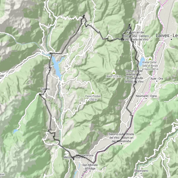 Miniaturní mapa "Panoramatická cyklotrasa kolem Mezzolombarda" inspirace pro cyklisty v oblasti Provincia Autonoma di Trento, Italy. Vytvořeno pomocí plánovače tras Tarmacs.app