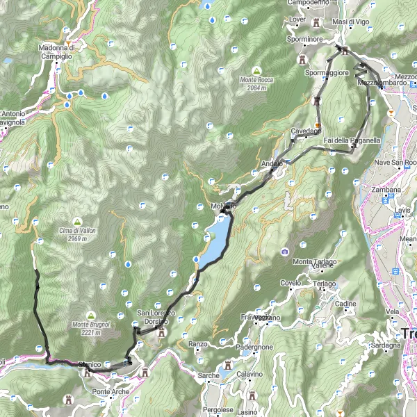 Miniature de la carte de l'inspiration cycliste "Défi des Dolomites" dans la Provincia Autonoma di Trento, Italy. Générée par le planificateur d'itinéraire cycliste Tarmacs.app