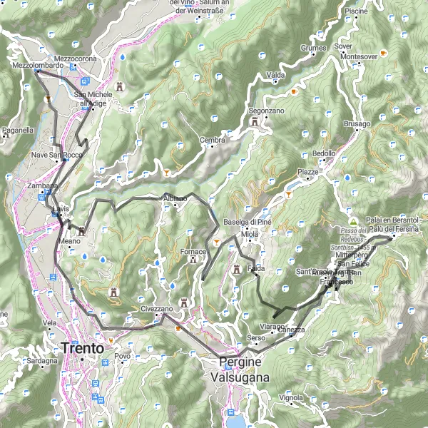 Zemljevid v pomanjšavi "Kolesarska pot Mezzolombardo - Giuel" kolesarske inspiracije v Provincia Autonoma di Trento, Italy. Generirano z načrtovalcem kolesarskih poti Tarmacs.app
