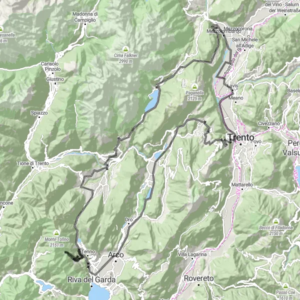 Map miniature of "Mountain Challenge" cycling inspiration in Provincia Autonoma di Trento, Italy. Generated by Tarmacs.app cycling route planner