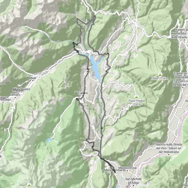 Mapa miniatúra "Severné cyklistické trasy okolo Dolomitov" cyklistická inšpirácia v Provincia Autonoma di Trento, Italy. Vygenerované cyklistickým plánovačom trás Tarmacs.app