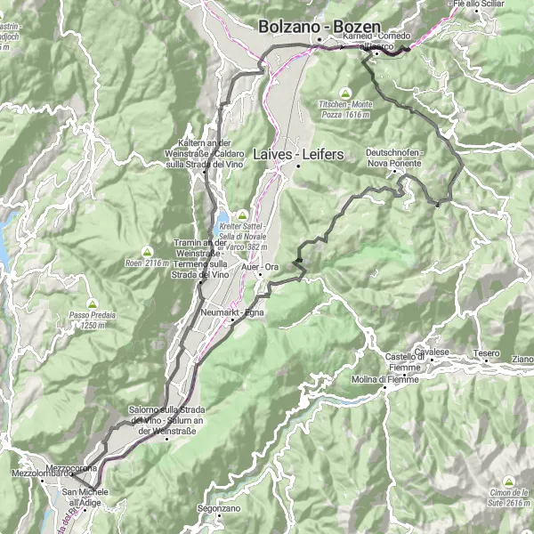 Miniatura della mappa di ispirazione al ciclismo "Giro in bicicletta Monte di Mezzocorona - Castelfeder" nella regione di Provincia Autonoma di Trento, Italy. Generata da Tarmacs.app, pianificatore di rotte ciclistiche