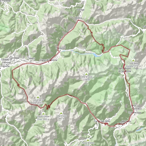 Miniatua del mapa de inspiración ciclista "Ruta de ciclismo de grava por Moena - Passo di Lusia - Paneveggio - Belvedere - Imer - Cima Arinàs - Forzelin dei Diaoi - Malga Val Cion - Cima delle Stellune - Panchià - Punta Polse - Forno - El Forn" en Provincia Autonoma di Trento, Italy. Generado por Tarmacs.app planificador de rutas ciclistas