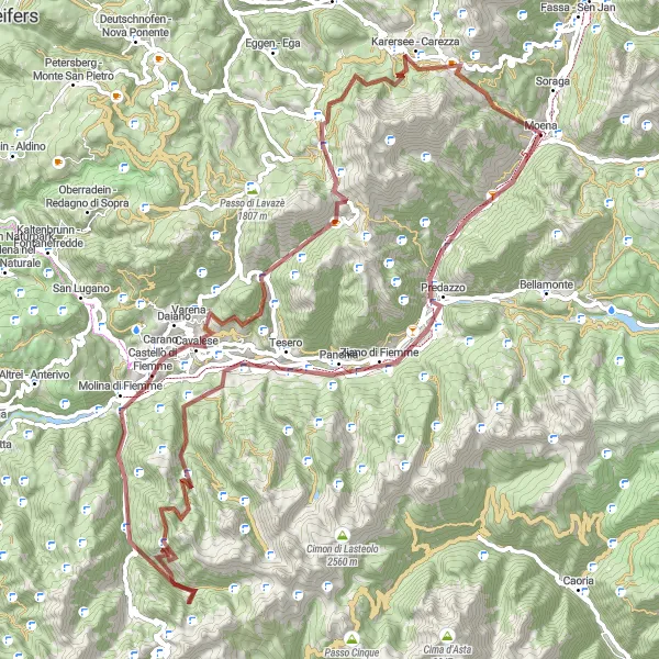 Map miniature of "Moena to Passo di Costalunga - Karerpass" cycling inspiration in Provincia Autonoma di Trento, Italy. Generated by Tarmacs.app cycling route planner