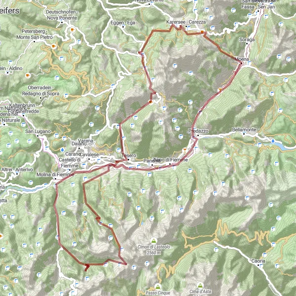 Karttaminiaatyyri "Moena - Predazzo - Passo di Costalunga - Moena" pyöräilyinspiraatiosta alueella Provincia Autonoma di Trento, Italy. Luotu Tarmacs.app pyöräilyreittisuunnittelijalla