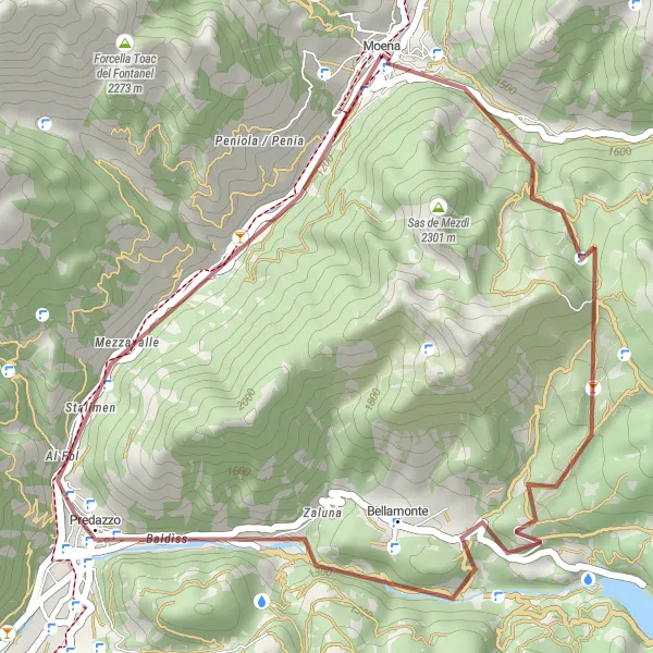 Map miniature of "Moena Gravel Adventure" cycling inspiration in Provincia Autonoma di Trento, Italy. Generated by Tarmacs.app cycling route planner