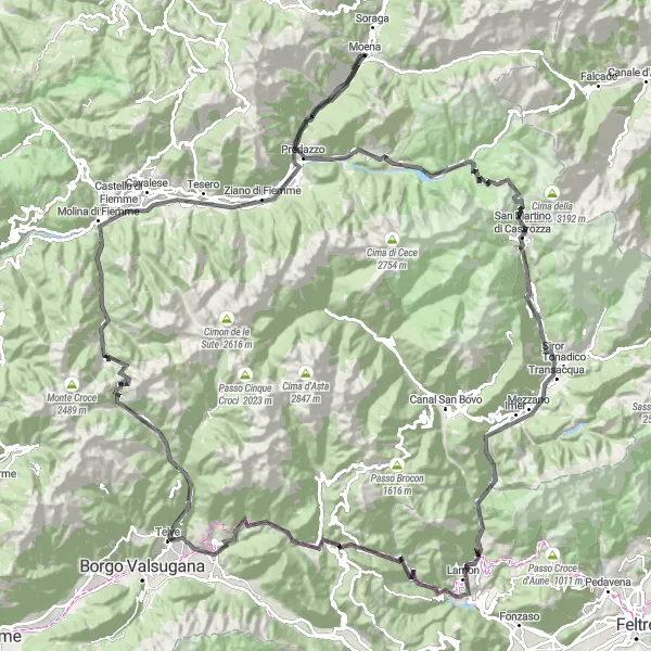 Map miniature of "Moena to Passo Manghen" cycling inspiration in Provincia Autonoma di Trento, Italy. Generated by Tarmacs.app cycling route planner