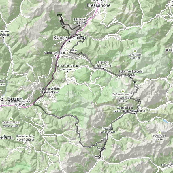 Miniature de la carte de l'inspiration cycliste "Circuit autour de Moena via Passo di Costalunga" dans la Provincia Autonoma di Trento, Italy. Générée par le planificateur d'itinéraire cycliste Tarmacs.app