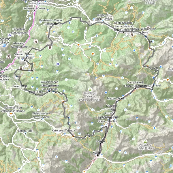 Miniatura della mappa di ispirazione al ciclismo "Giro in bicicletta da Moena attraverso Passi e Villaggi" nella regione di Provincia Autonoma di Trento, Italy. Generata da Tarmacs.app, pianificatore di rotte ciclistiche