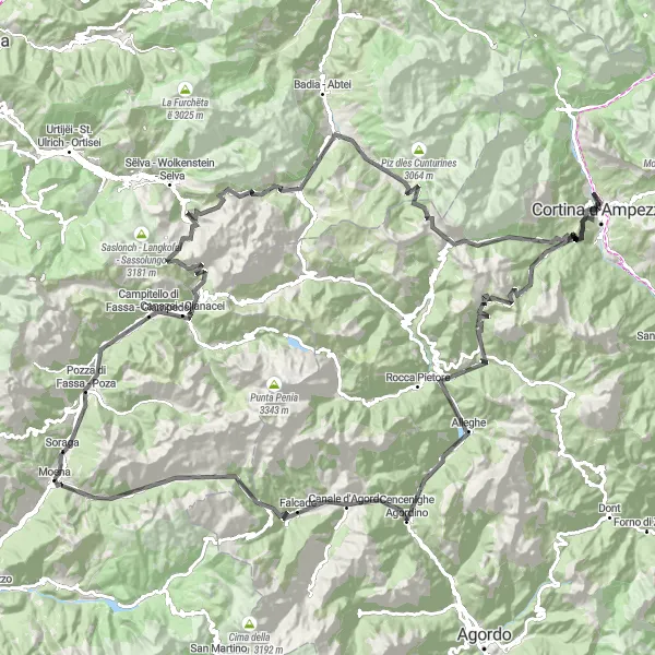 Mapa miniatúra "Cyklotúra okolo Moeny a Dolomitov" cyklistická inšpirácia v Provincia Autonoma di Trento, Italy. Vygenerované cyklistickým plánovačom trás Tarmacs.app