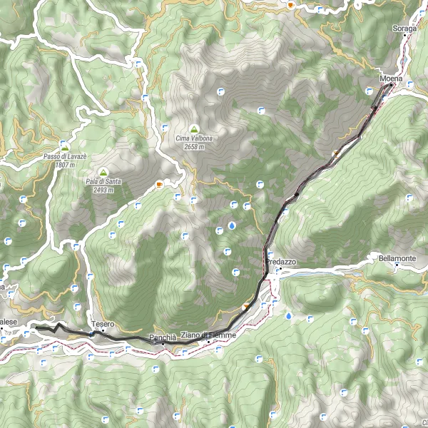 Miniature de la carte de l'inspiration cycliste "Route des Dolomites" dans la Provincia Autonoma di Trento, Italy. Générée par le planificateur d'itinéraire cycliste Tarmacs.app