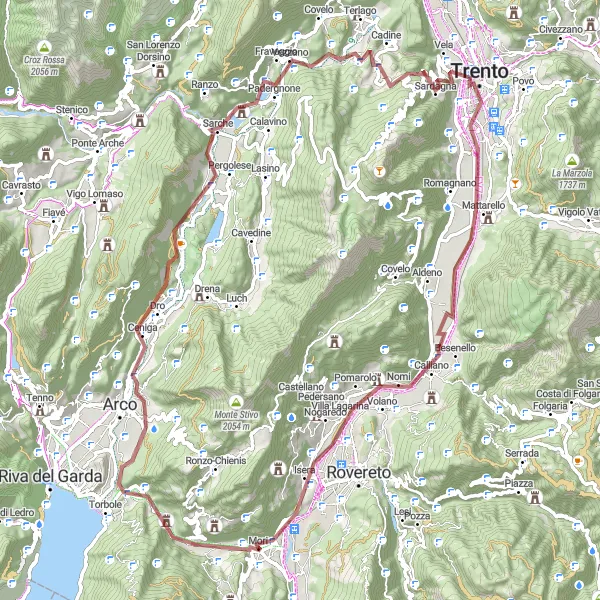 Map miniature of "The Scenic Gravel Trails of Mori" cycling inspiration in Provincia Autonoma di Trento, Italy. Generated by Tarmacs.app cycling route planner