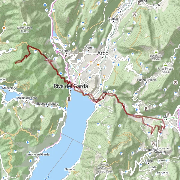 Miniaturní mapa "Gravel z Mori na Monte Giovo" inspirace pro cyklisty v oblasti Provincia Autonoma di Trento, Italy. Vytvořeno pomocí plánovače tras Tarmacs.app