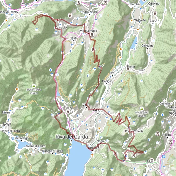 Miniatura della mappa di ispirazione al ciclismo "Avventura Gravel intorno al Lago di Garda" nella regione di Provincia Autonoma di Trento, Italy. Generata da Tarmacs.app, pianificatore di rotte ciclistiche