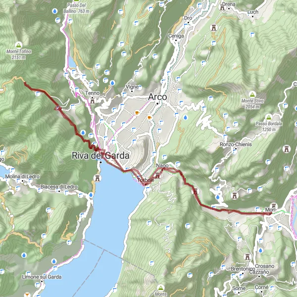 Zemljevid v pomanjšavi "Izziv gravel kolesarjenja blizu Mori" kolesarske inspiracije v Provincia Autonoma di Trento, Italy. Generirano z načrtovalcem kolesarskih poti Tarmacs.app