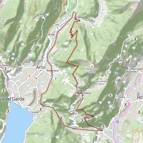 Miniatura della mappa di ispirazione al ciclismo "Tour avventuroso tra le colline vicino a Mori" nella regione di Provincia Autonoma di Trento, Italy. Generata da Tarmacs.app, pianificatore di rotte ciclistiche
