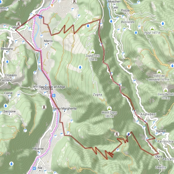 Miniaturní mapa "Okruh okolo Mori" inspirace pro cyklisty v oblasti Provincia Autonoma di Trento, Italy. Vytvořeno pomocí plánovače tras Tarmacs.app