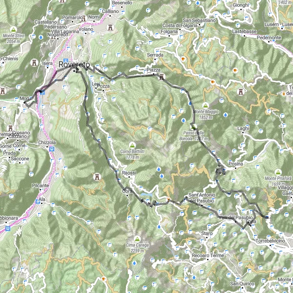 Map miniature of "The Magnificent Hills of Mori" cycling inspiration in Provincia Autonoma di Trento, Italy. Generated by Tarmacs.app cycling route planner