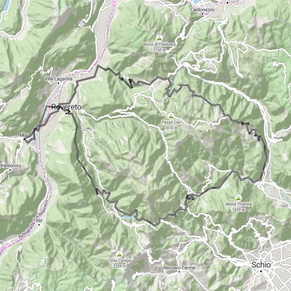 Map miniature of "The Mountainous Challenge" cycling inspiration in Provincia Autonoma di Trento, Italy. Generated by Tarmacs.app cycling route planner