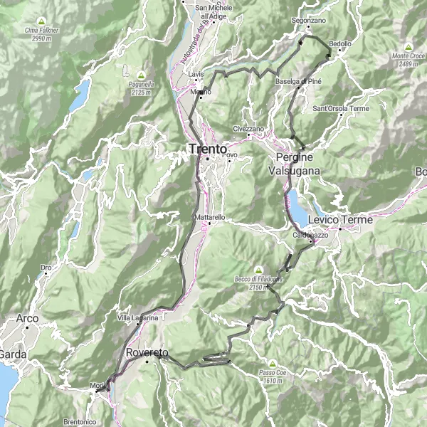 Miniature de la carte de l'inspiration cycliste "Tour des Châteaux de Trente en Route" dans la Provincia Autonoma di Trento, Italy. Générée par le planificateur d'itinéraire cycliste Tarmacs.app