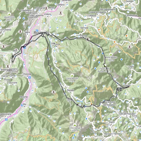 Map miniature of "The Legendary Paths of Mori" cycling inspiration in Provincia Autonoma di Trento, Italy. Generated by Tarmacs.app cycling route planner
