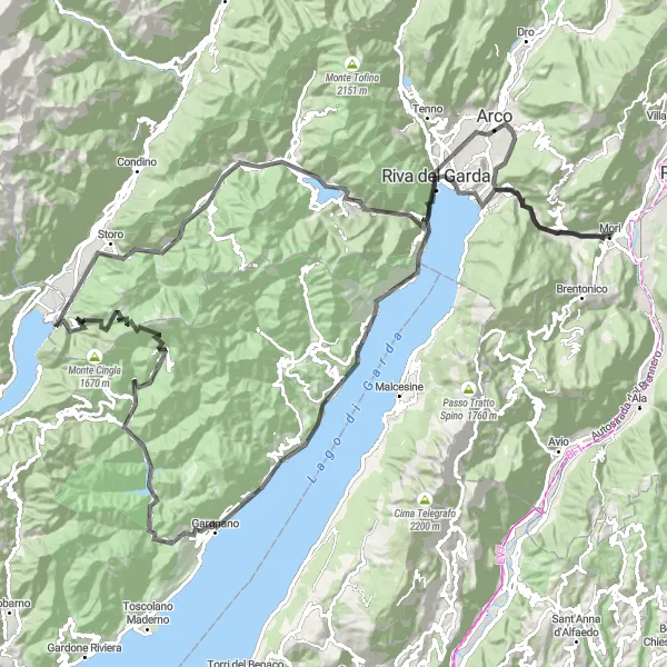 Kartminiatyr av "Utforsk Gardasjøen på landeveien" sykkelinspirasjon i Provincia Autonoma di Trento, Italy. Generert av Tarmacs.app sykkelrutoplanlegger