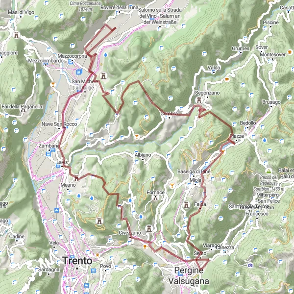 Miniaturekort af cykelinspirationen "Gruscyklerruten gennem Valsugana-dalen" i Provincia Autonoma di Trento, Italy. Genereret af Tarmacs.app cykelruteplanlægger