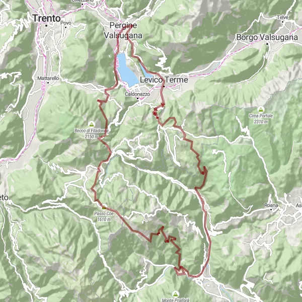 Map miniature of "Challenging Gravel Ride around Pergine Valsugana" cycling inspiration in Provincia Autonoma di Trento, Italy. Generated by Tarmacs.app cycling route planner