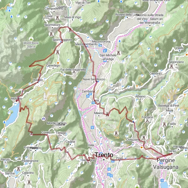 Mapa miniatúra "Gravel trasa cez Monte Grum a Molveno" cyklistická inšpirácia v Provincia Autonoma di Trento, Italy. Vygenerované cyklistickým plánovačom trás Tarmacs.app