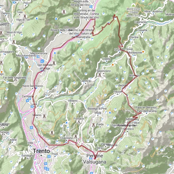 Mapa miniatúra "Gravelová cesta do Serso cez Passo del Redebus" cyklistická inšpirácia v Provincia Autonoma di Trento, Italy. Vygenerované cyklistickým plánovačom trás Tarmacs.app