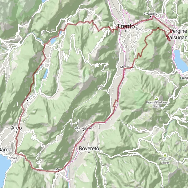 Miniatua del mapa de inspiración ciclista "Aventura por los senderos de Isera y Arco" en Provincia Autonoma di Trento, Italy. Generado por Tarmacs.app planificador de rutas ciclistas