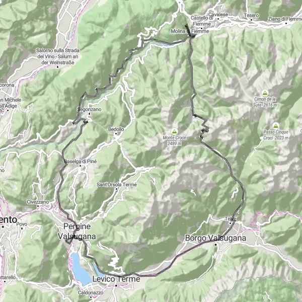 Karttaminiaatyyri "Pitoreski reitti Pergine Valsuganasta - Trans Trentino Road" pyöräilyinspiraatiosta alueella Provincia Autonoma di Trento, Italy. Luotu Tarmacs.app pyöräilyreittisuunnittelijalla