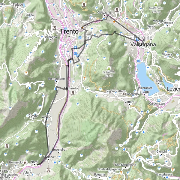 Map miniature of "Charming Hills" cycling inspiration in Provincia Autonoma di Trento, Italy. Generated by Tarmacs.app cycling route planner
