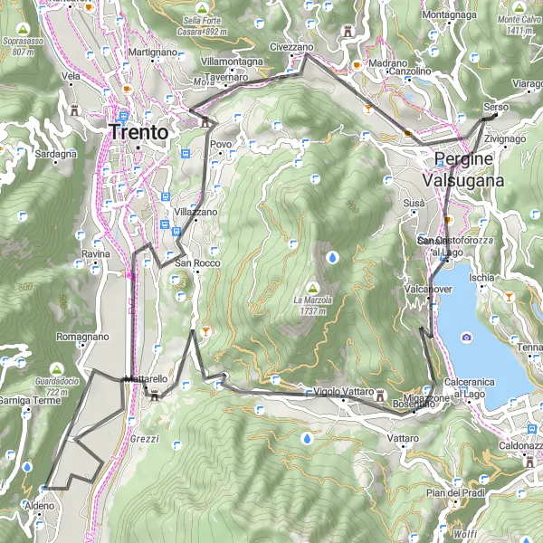 Zemljevid v pomanjšavi "Raziskovanje okolice Pergine Valsugana" kolesarske inspiracije v Provincia Autonoma di Trento, Italy. Generirano z načrtovalcem kolesarskih poti Tarmacs.app