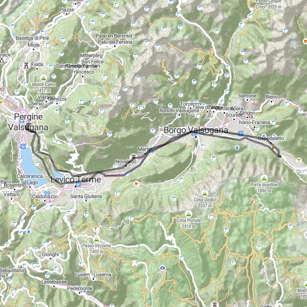 Map miniature of "Road Cycling Tour to Pergine Valsugana" cycling inspiration in Provincia Autonoma di Trento, Italy. Generated by Tarmacs.app cycling route planner