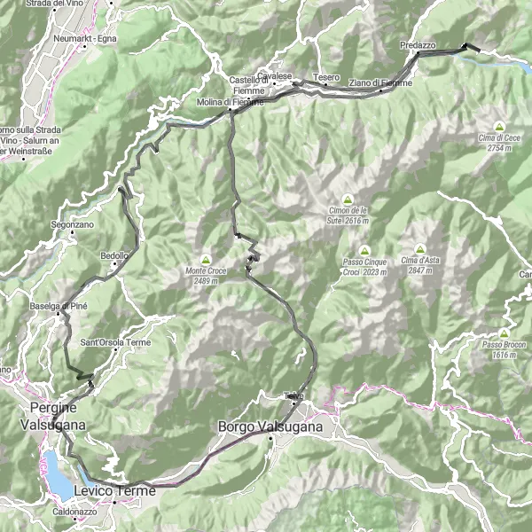 Kartminiatyr av "Rundtur till Passo Manghen" cykelinspiration i Provincia Autonoma di Trento, Italy. Genererad av Tarmacs.app cykelruttplanerare