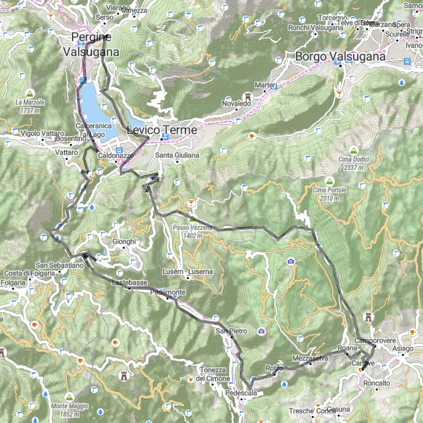 Zemljevid v pomanjšavi "Potovanje okrog Pergine Valsugana" kolesarske inspiracije v Provincia Autonoma di Trento, Italy. Generirano z načrtovalcem kolesarskih poti Tarmacs.app