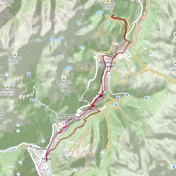 Zemljevid v pomanjšavi "Gravel Route around Pinzolo" kolesarske inspiracije v Provincia Autonoma di Trento, Italy. Generirano z načrtovalcem kolesarskih poti Tarmacs.app