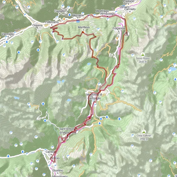 Miniaturekort af cykelinspirationen "Eventyrlig Grusvej til Pinzolo med 3026 meters stigning" i Provincia Autonoma di Trento, Italy. Genereret af Tarmacs.app cykelruteplanlægger