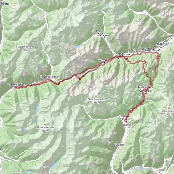 Miniaturekort af cykelinspirationen "Bjergskønheder i Vezza d'Oglio" i Provincia Autonoma di Trento, Italy. Genereret af Tarmacs.app cykelruteplanlægger
