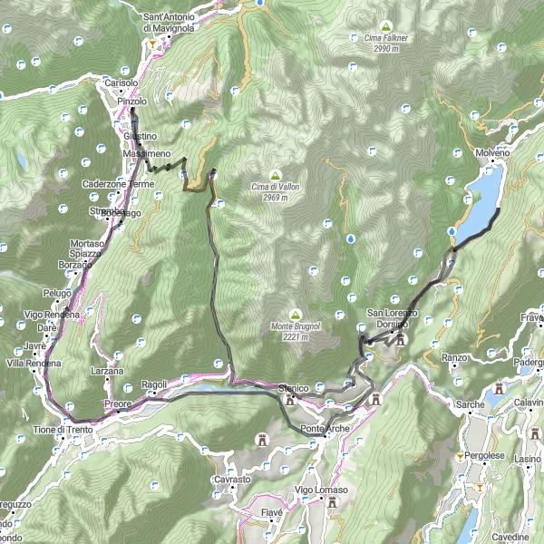 Miniaturekort af cykelinspirationen "Panoramisk Road Tour til Pinzolo med 2998 meters stigning" i Provincia Autonoma di Trento, Italy. Genereret af Tarmacs.app cykelruteplanlægger