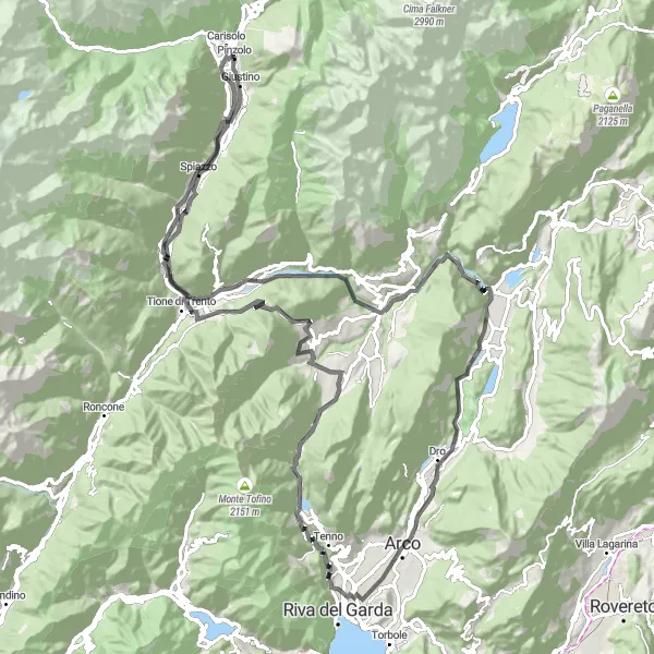 Map miniature of "Sarca Valley and Giudicarie Road Loop" cycling inspiration in Provincia Autonoma di Trento, Italy. Generated by Tarmacs.app cycling route planner