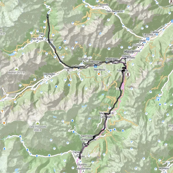 Kartminiatyr av "Veikryssende eventyr nær Pinzolo" sykkelinspirasjon i Provincia Autonoma di Trento, Italy. Generert av Tarmacs.app sykkelrutoplanlegger