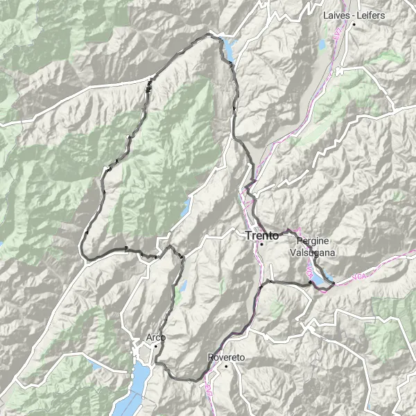 Zemljevid v pomanjšavi "Dolomiti di Brenta Road Cycling Tour" kolesarske inspiracije v Provincia Autonoma di Trento, Italy. Generirano z načrtovalcem kolesarskih poti Tarmacs.app