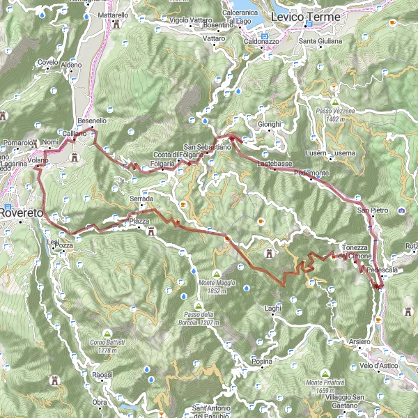 Miniatua del mapa de inspiración ciclista "Ruta de Grava de Pomarolo a San Colombano" en Provincia Autonoma di Trento, Italy. Generado por Tarmacs.app planificador de rutas ciclistas