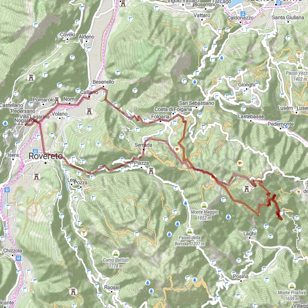 Mapa miniatúra "Gravel okolo Pomarolo a Passo Coe" cyklistická inšpirácia v Provincia Autonoma di Trento, Italy. Vygenerované cyklistickým plánovačom trás Tarmacs.app