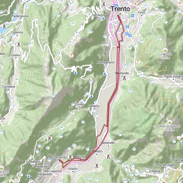 Miniatura mapy "Krótka trasa gravelowa z Pomarolo do Castello di Nomi" - trasy rowerowej w Provincia Autonoma di Trento, Italy. Wygenerowane przez planer tras rowerowych Tarmacs.app